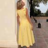 Bow suspender yellow dress women's waist tailoring with large pendulum version, small person looks tall