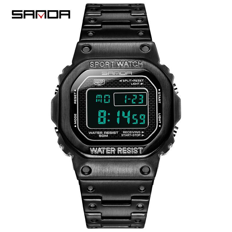 SANDA Men’s Waterproof Multifunction Sports Watch - Square Electronic Design with Luminous Display