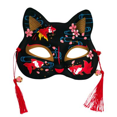 Clearstone Japanese-Style Cat Mask, Half Face with Black Goldfish Design, Unisex, Black