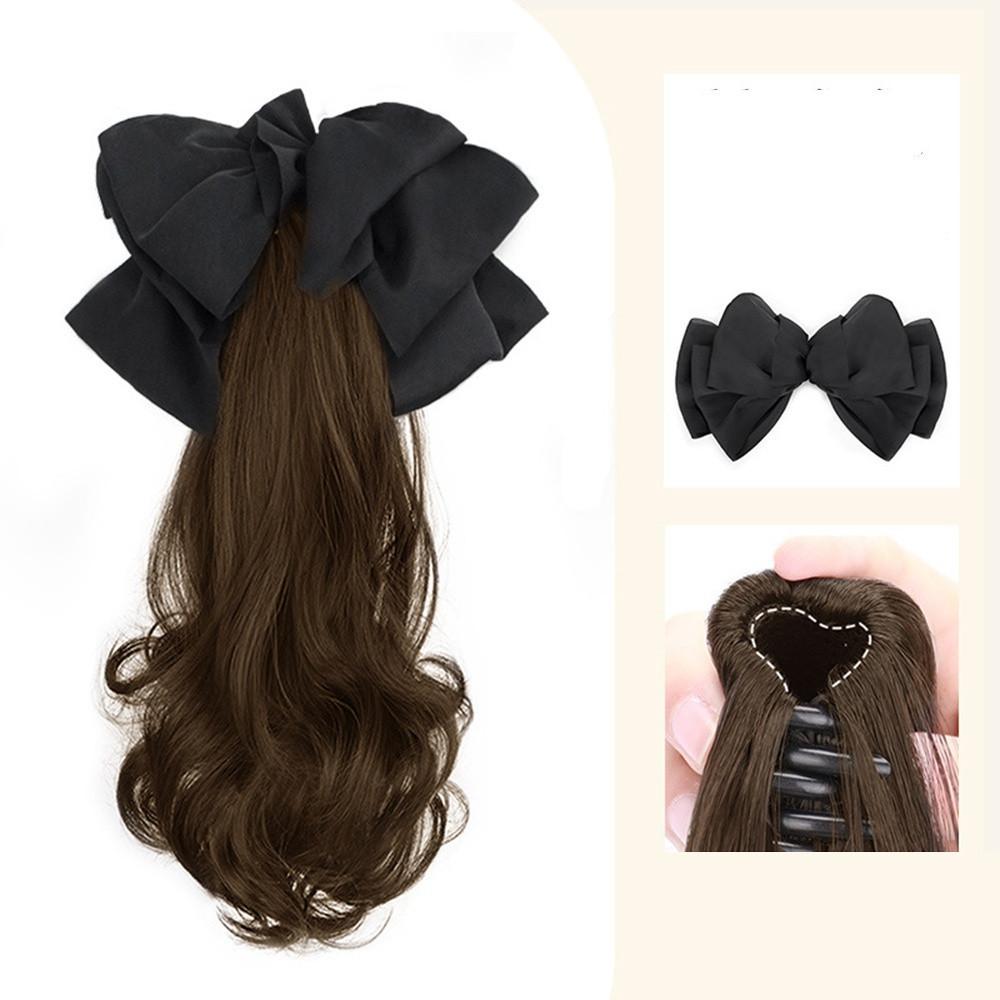 Pferdeschwanz Synthetische Perücke Lang Lockig Haarspange Simuliertes Echthaar Süße Schleife Tiefer Zopf