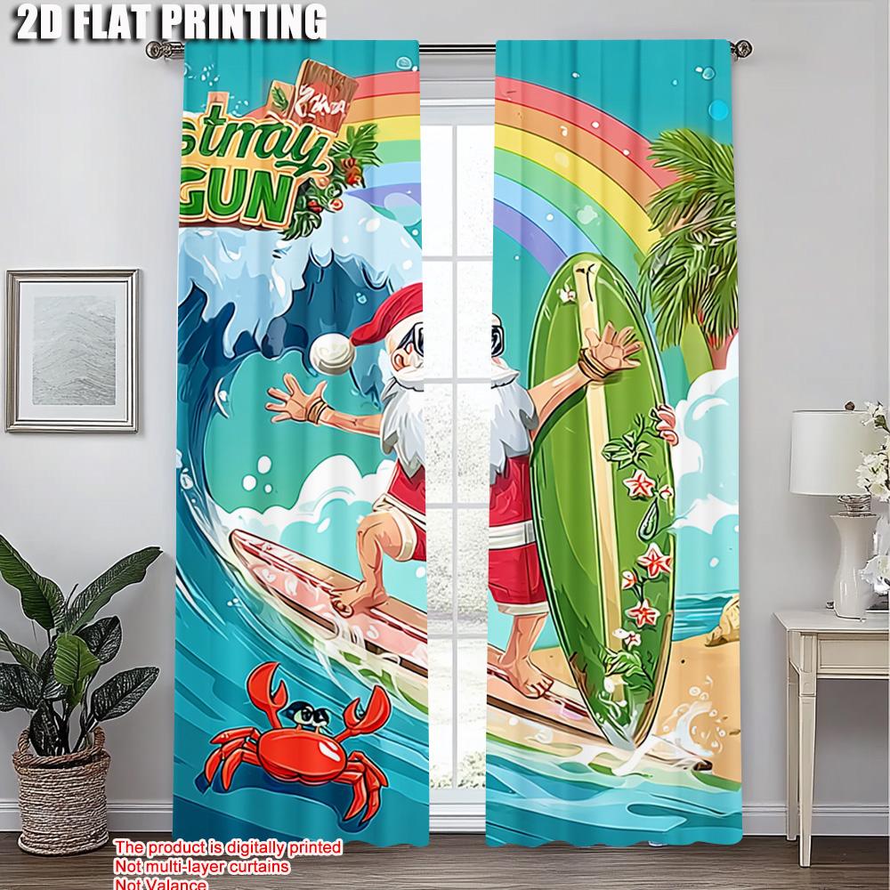 2 Stück, 2D-Flachdruck Vorhangstoff Frohe Weihnachten Santa Surfen Strand Polyesterstoff (ohne Stange) Geschenke für den Alltag