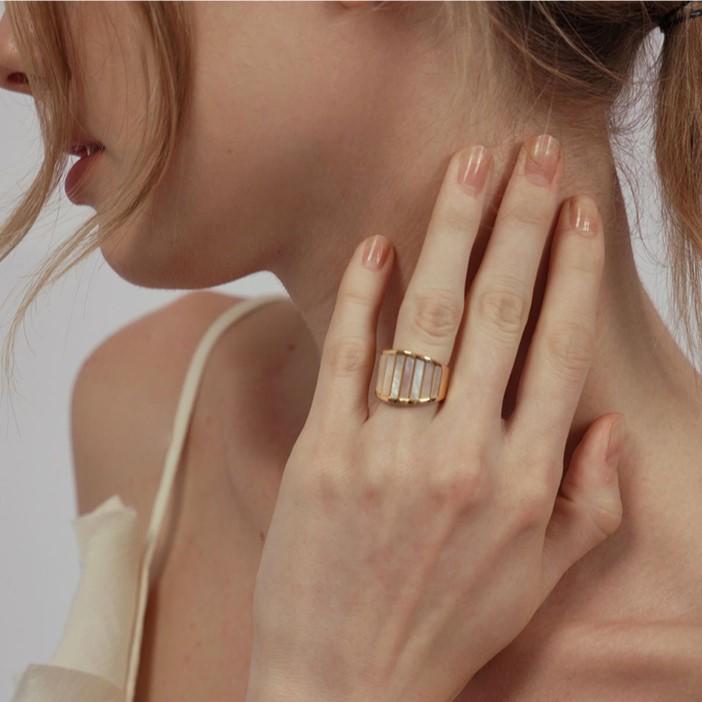 Women's High-End French Retro 14K Gold-Plated Titanium Steel Ring with Mother-of-Pearl Stripes