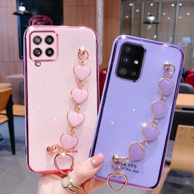 Luxo pulso amor coração corrente chapeamento caso para samsung galaxy a12 a22 4g a42 a51 a71 a31 pulseira a 12 51 71 silicone capa