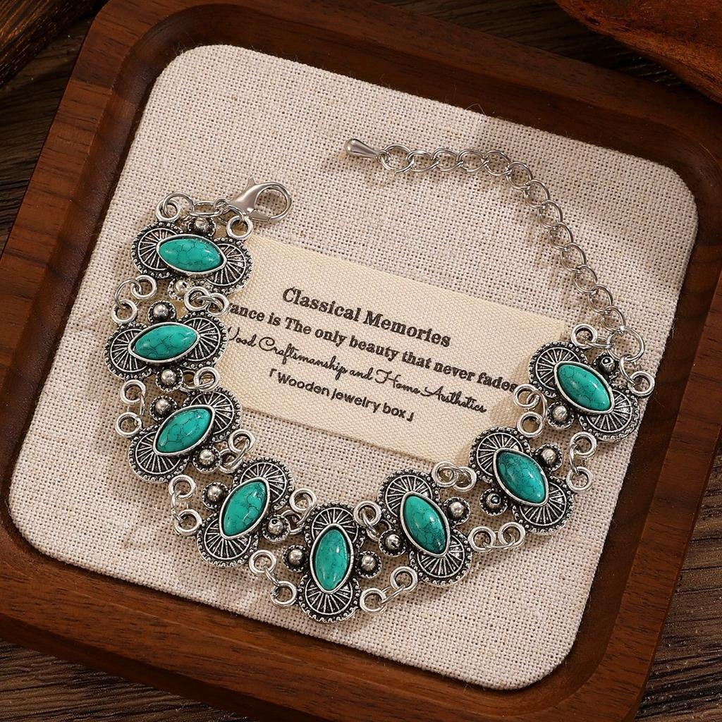 Vintage Boho Rotstein Gliederarmband Silberfarben Ethnisch Inspiriert Verzierter Armschmuck für Damen