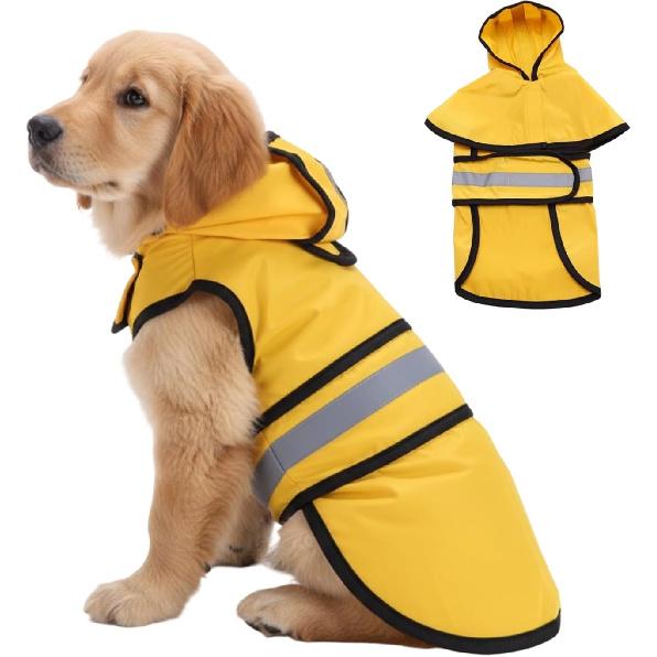 Dog Poncho, Rain Jacket for Dogs Waterproof, Reflective Safety Dog Raincoat, Yellow M Size, Polyester Material