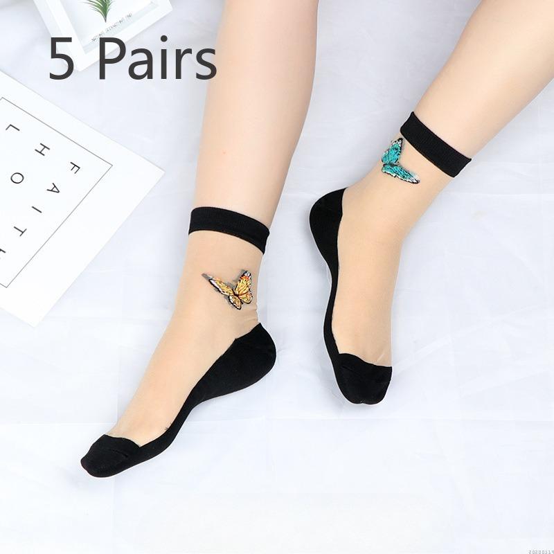 5 Pairs of Women's Spring and Summer Thin Ice Silk and Cotton Bottom Crystal Silk Anti Hook Silk Stockings