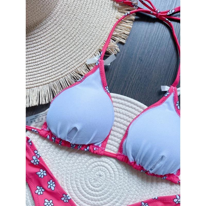Flowers Printed Halter High Leg Cut Bikini Female Swimsuit Women Swimwear Two-pieces Bikini Set Bather Bathing Suit Swim
