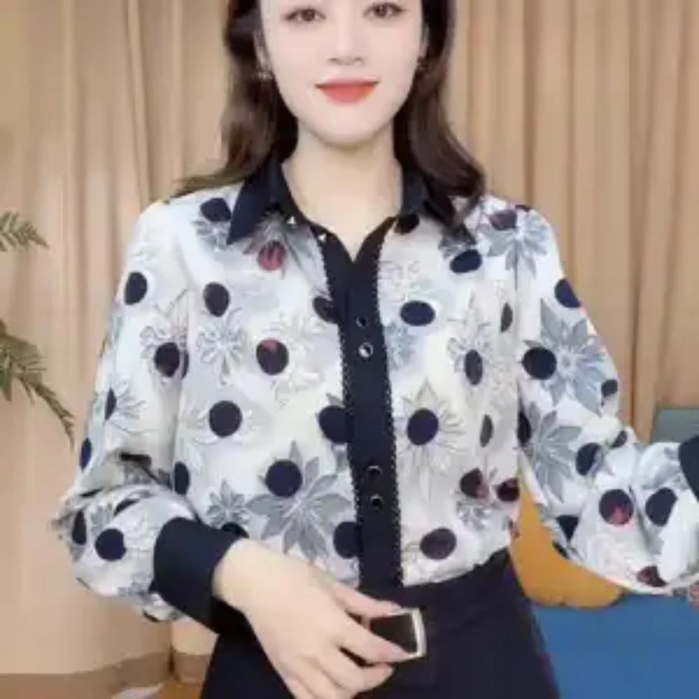 

Офис Леди Винтажная Рубашка с Цветочным Принтом Весна Осень Новая Однобортная Женская Одежда Элегантная Блузка с Воротником Поло и Длинным Рукавом XXL белый