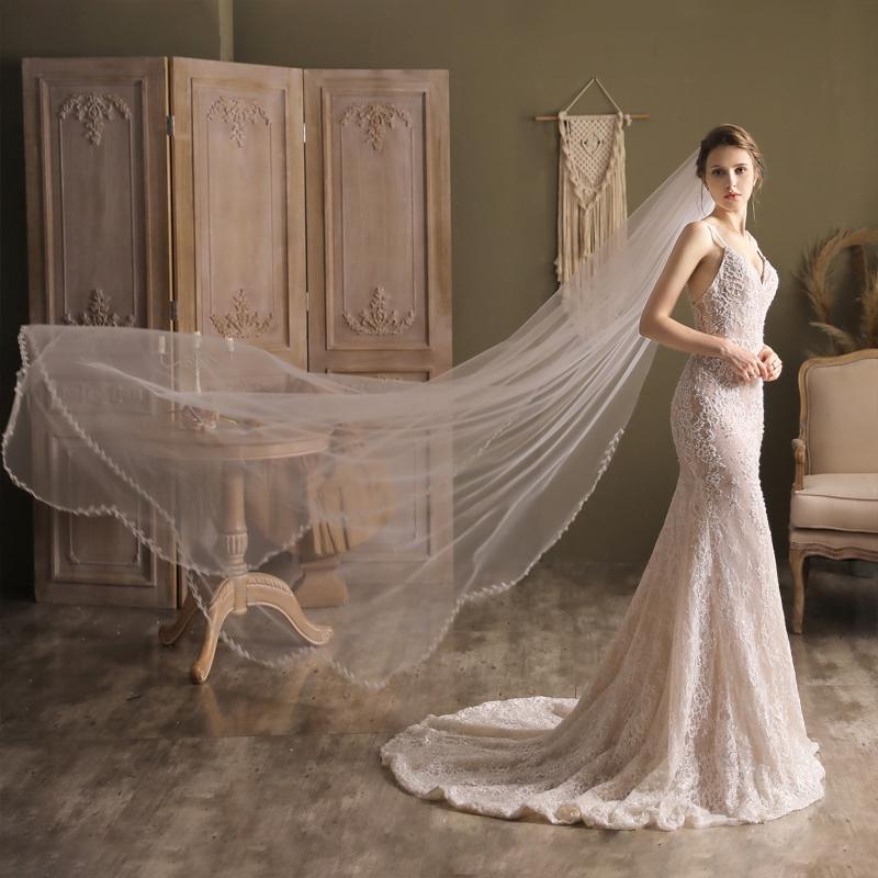 Wedding Veil with Comb Delicate Leaves Embroideries One Layer Long Drop Illusion Tulle Cathedral Length Chapel Veils