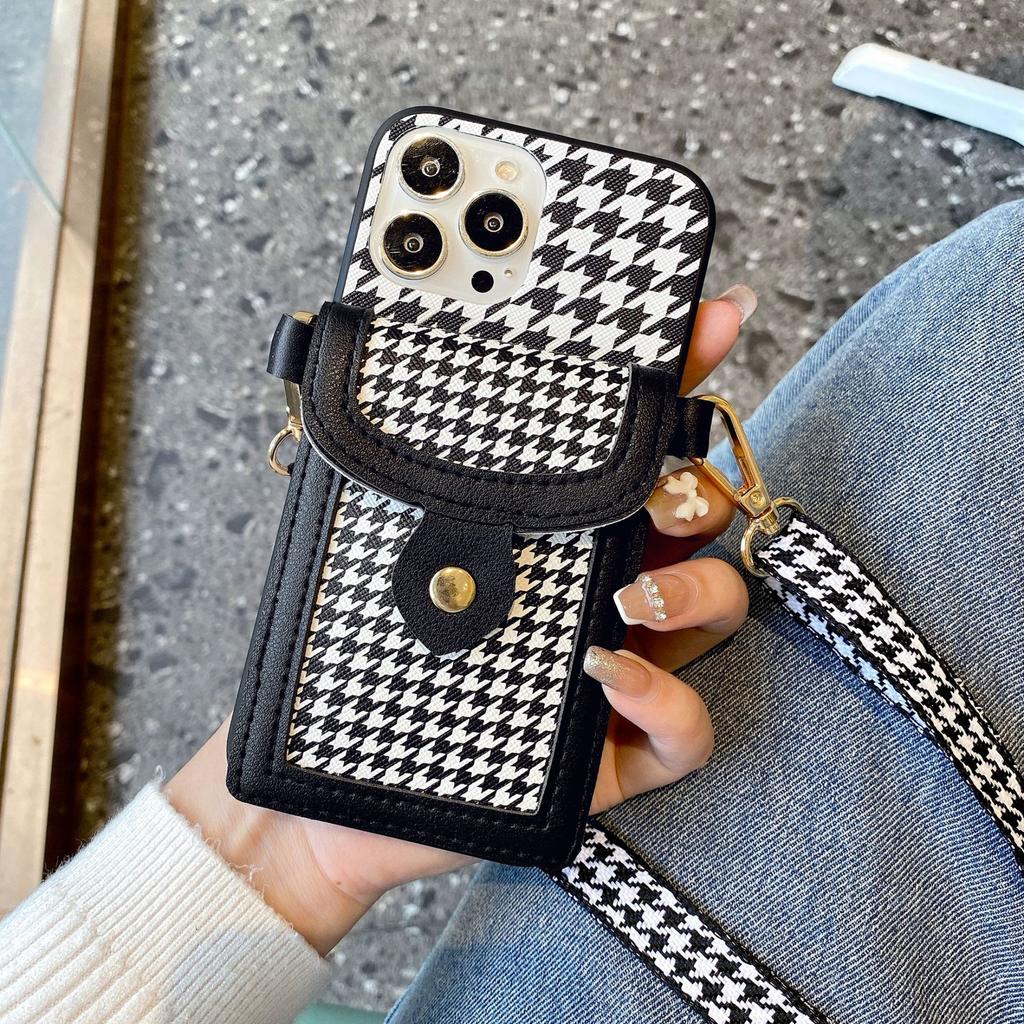 Applicable To iphone11Pro Mobile Phone Case Diagonal Span Lanyard 7G/8Plus Plug-in Card Plaid Protective Case Japan and Korea