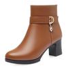 Mode Elegante Frau Block Hohe Absätze Schuhe Weiblicher Trend Winter Wolle Kurze Stiefel Weiches Leder Warme Fell Stiefeletten für Büro Mama