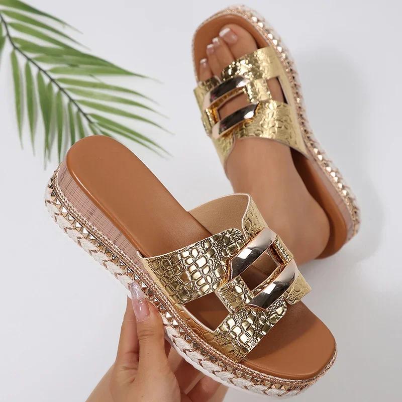 Fashion Platform Wedge Sandals for Women 2025 Summer Square Toe Thick Bottom Slippers Woman Plus Size Rivets Decor High Heel Sandles New