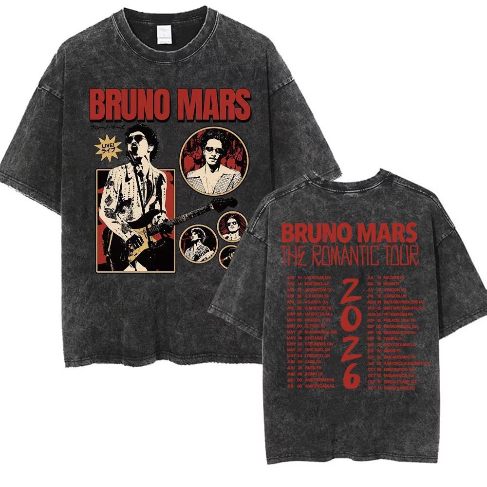 Bruno Mars The Romantic Tour 2026 Vintage Gewassen T-shirt Mannen Vrouwen Mode Hip Hop Pop Muziek T-shirt Zomer Casual Katoenen T-shirt