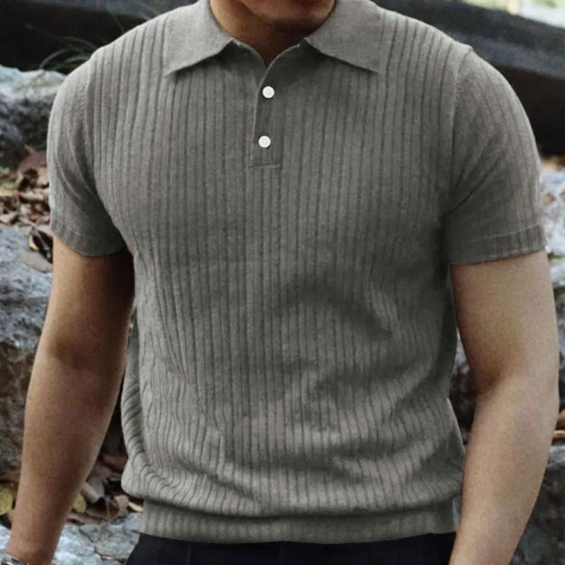 Solid-color Short-sleeved Trendy New Vertical Striped Lapel POLO Shirt