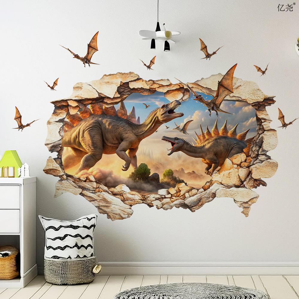 Cartoon Stegosaurus Pterodactyl Hole Wall Sticker Self-Adhesive Removable Kids Room Bedroom Dinosaur Home Decor Art