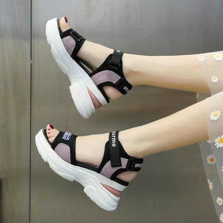Platform sports sandals women 2025 summer new Internet celebrity slope heel muffin bottom casual student Velcro Roman shoes