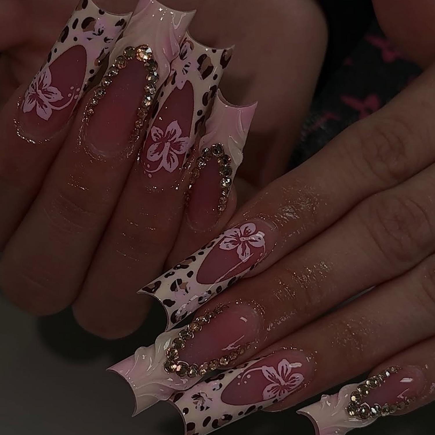 Pink Leopard Print 3D Flower Rhinestone Nail Art Stickers