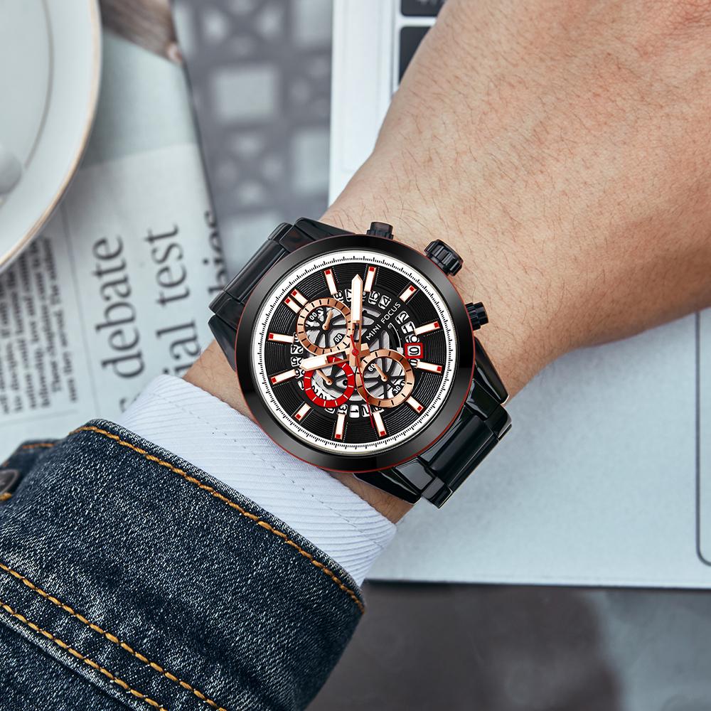MINI FOCUS Brand Watch Multi-functional Calendar Waterproof Stainless Steel Strap Men Quartz Watches