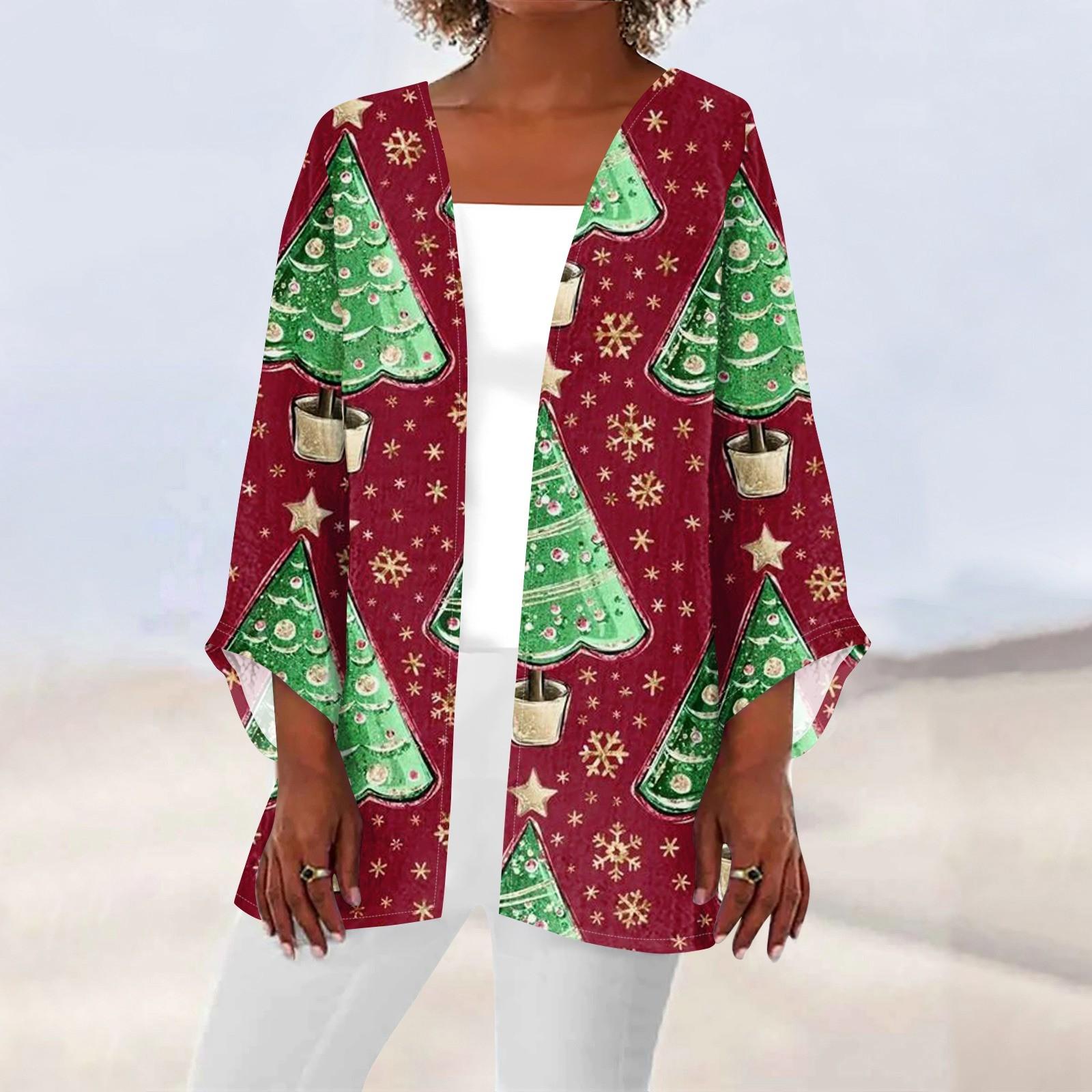 

Женская повседневная мода с рождественским принтом легкая куртка средней длины кардиган XXL зелёный