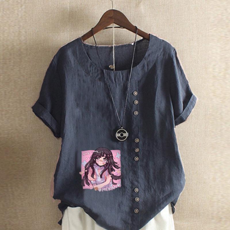 Women's Fashion Round Neck Short Sleeve T-shirt Casual Cotton Linen Graphic Shirt Leisure Loose Pink Girl Prined Summer Blouse Tops