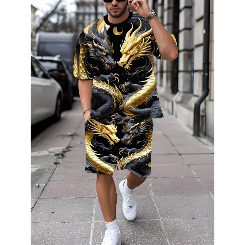 Men s printed short-sleeved T-shirt + shorts set casual sports suit S
