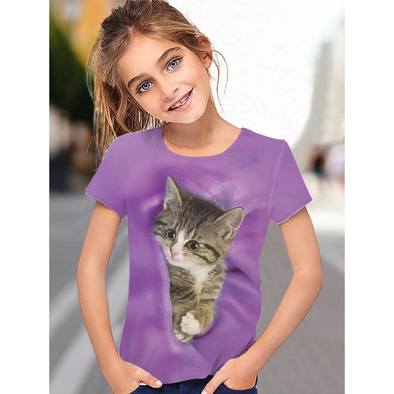 T-Shirt for Girls Cute Kitten Girls Clothes Kids T-Shirt Summer Short Sleeve Children Outdoor Sports Tops T-Shirt for Girls