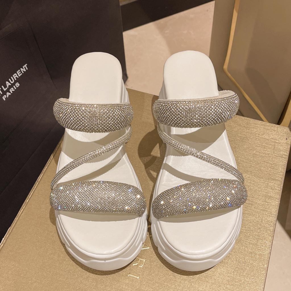 Dámské pantofle, letní nové, tlusté dno, kulatá hlava, otevřená špička, diamantové sandály, ležérní módní protiskluzové pantofle