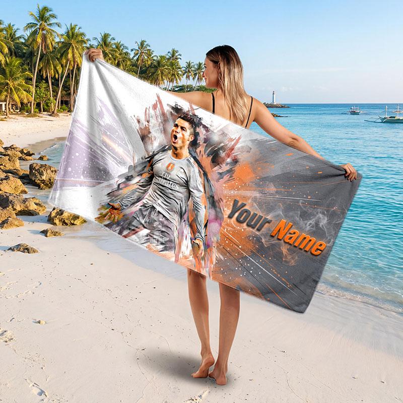 Cristiano Ronaldo Custom Beach Towel, Personalized Name Text Print, Football Logo Soft Quick‑Dry Towel Holiday Gift