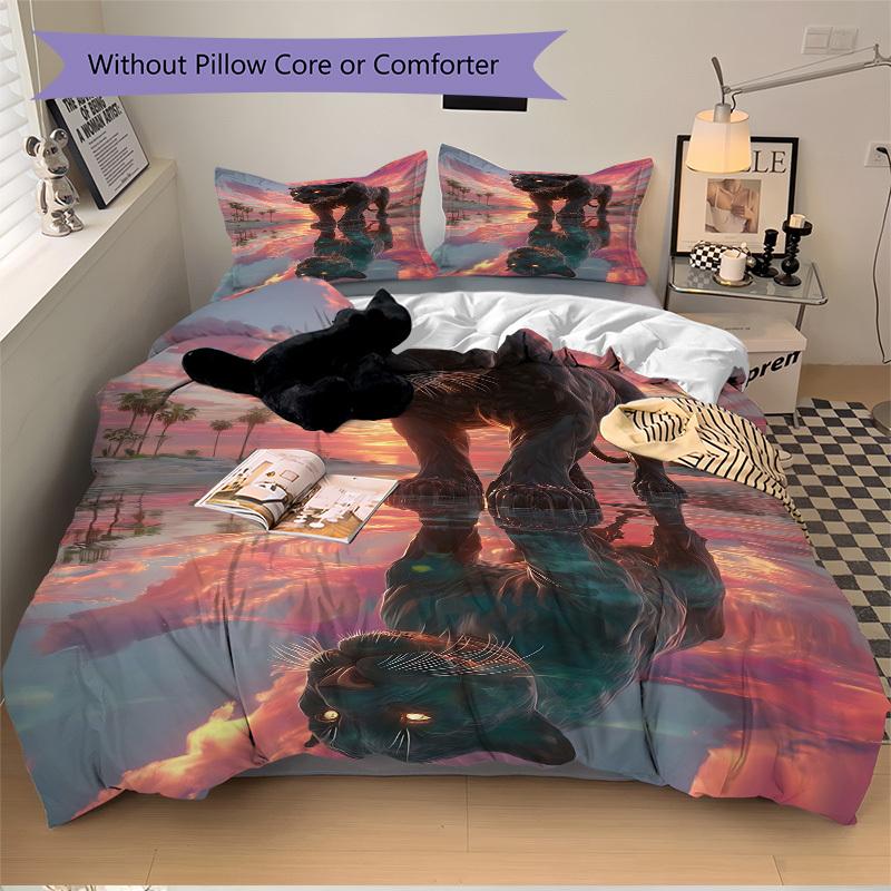 3pcs Panther Reflection Sunset Bedding Set - 1 Duvet Cover + 2 Pillowcases(Core Not Included), Machine Washable Polyester, All-Season Comfor