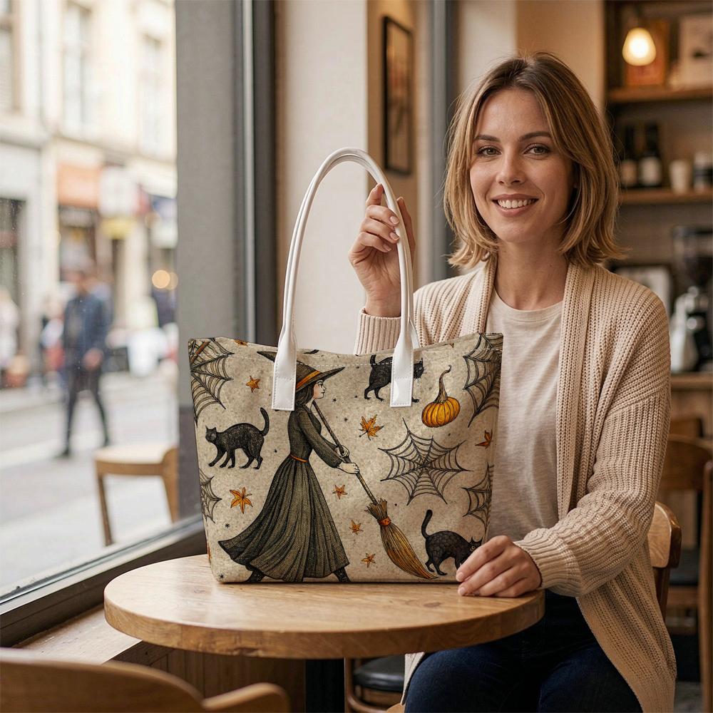 Halloween Witch Black Cat Pumpkin Spooky Web Casual Tote Bag for Daily Use
