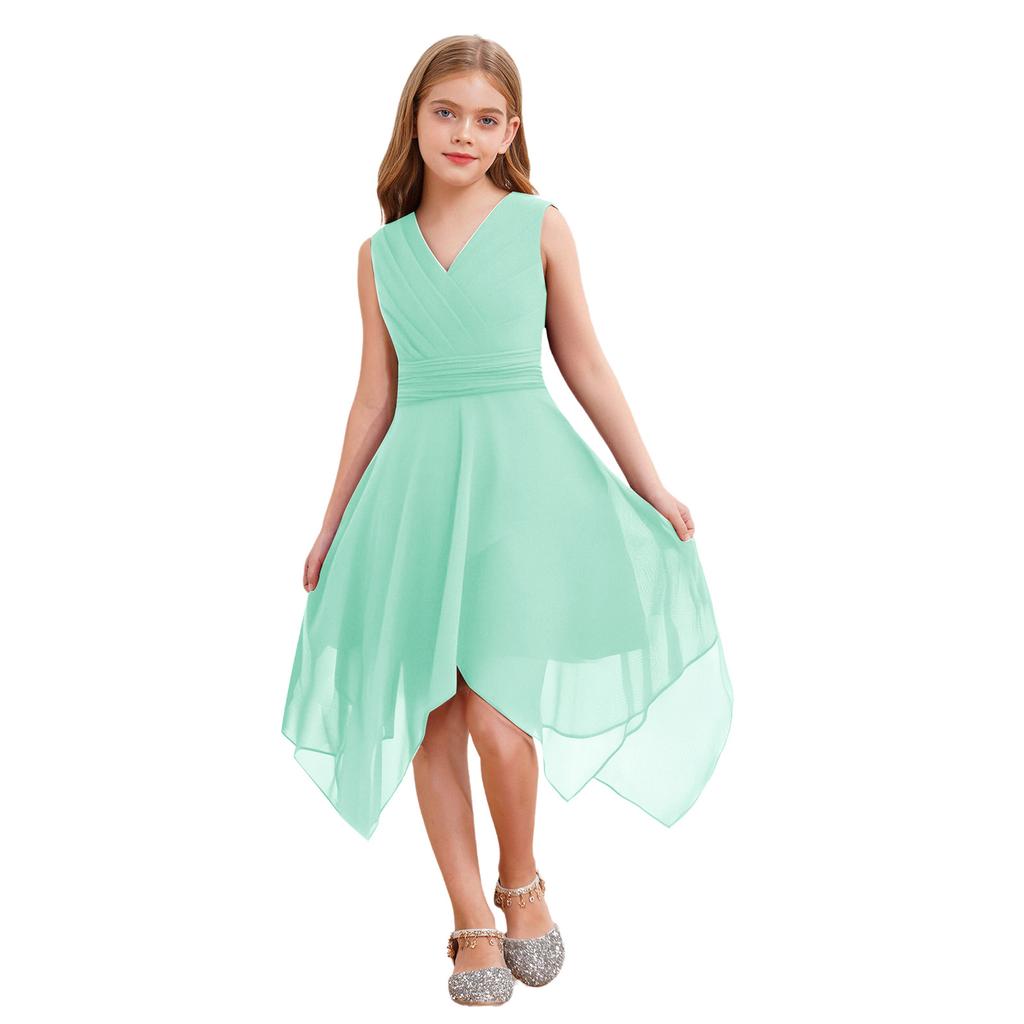 Fließendes einfarbiges Chiffonkleid für Mädchen V-Ausschnitt Ärmellos Asymmetrischer Saum Plissierte Taille Partyauftrittskleid