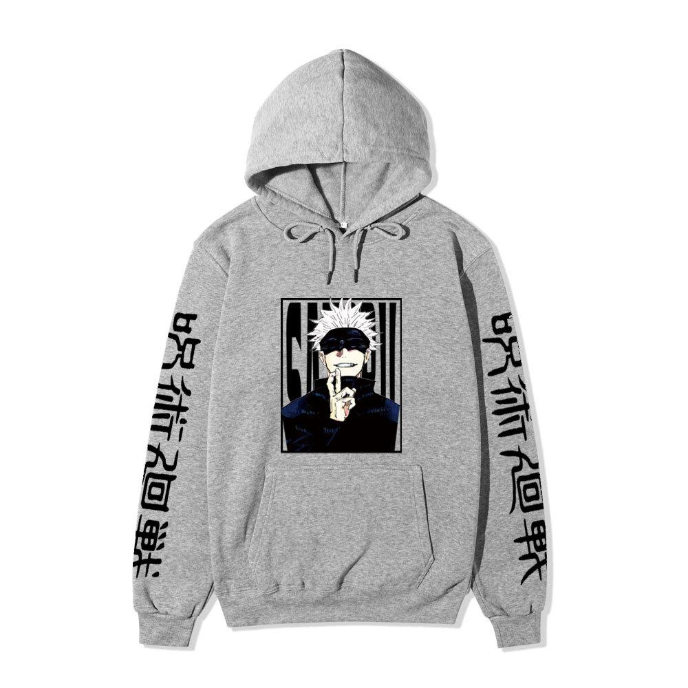 Jujutsu Kaisen Satoru Gojo Unisex Fleece Hoodie Autumn Winter Anime Character Japanese Kanji Sleeve Print Long Sleeve Pullover Sweatshirt