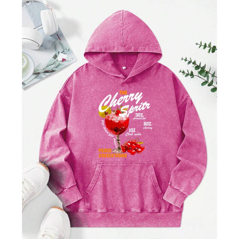 The Cherry Sprits  Print Women Washed Hoodie Street Comfortable Hoody Fashion Cotton Clothes Casual Female Pullover