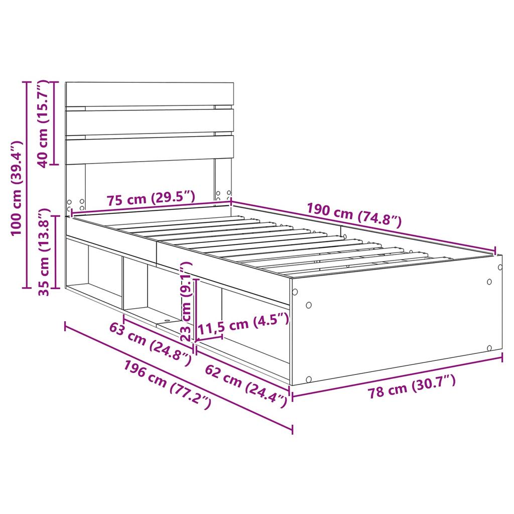 Bed Frame Smoked Oak 75 x 190 cm Solid Pine Wood