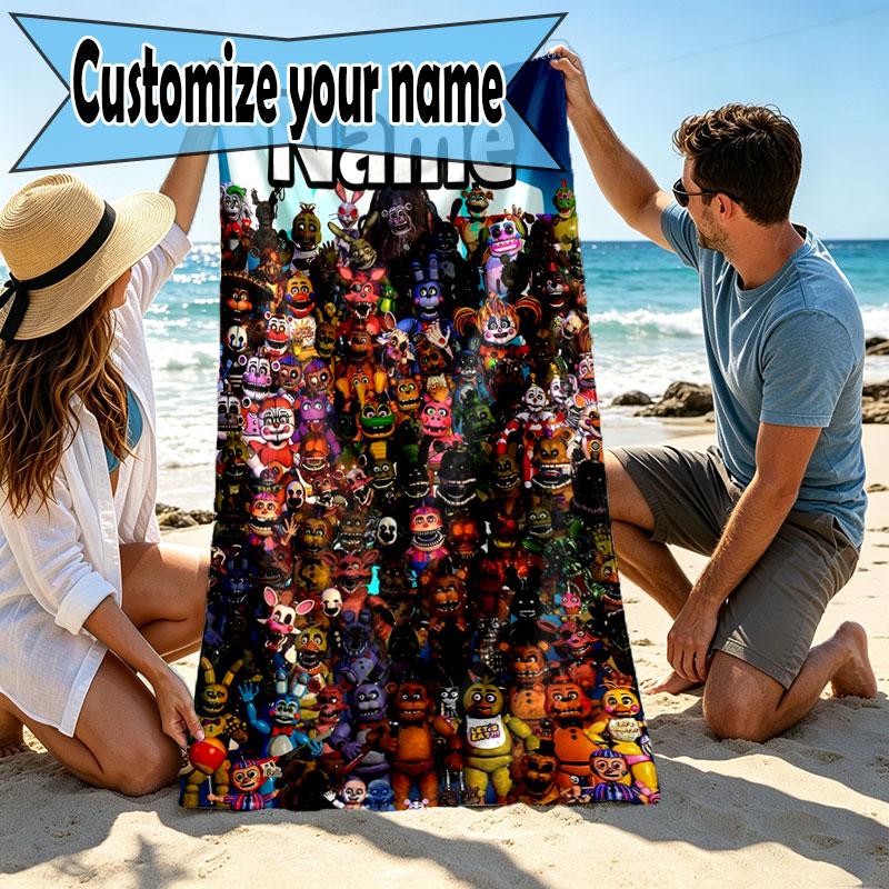 Personalisierter Strandtuch mit individuellem Namen für Five Nights at Freddy's, für Reise Camping Strandparty Heimdekoration, Geburtstagsgeschenk für Familie & Freunde