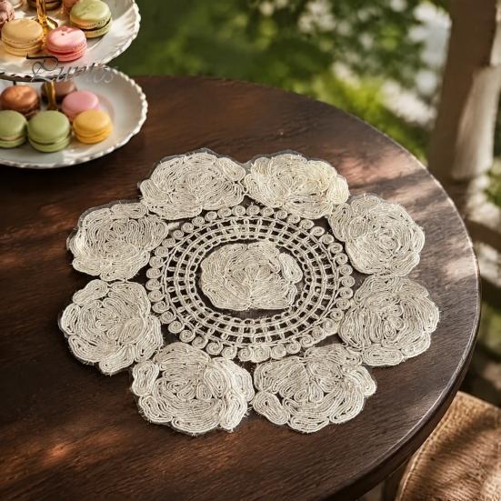 Round Lace Placemats Rose Placemat, Embroidered Coaster Place Mat, Retro European Style Table Decor Doily for Tea Cup Vase Dining Decoration