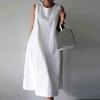 Women Summer Dress O Neck Loose A-line Sleeveless Solid Color Mid-calf Length Soft