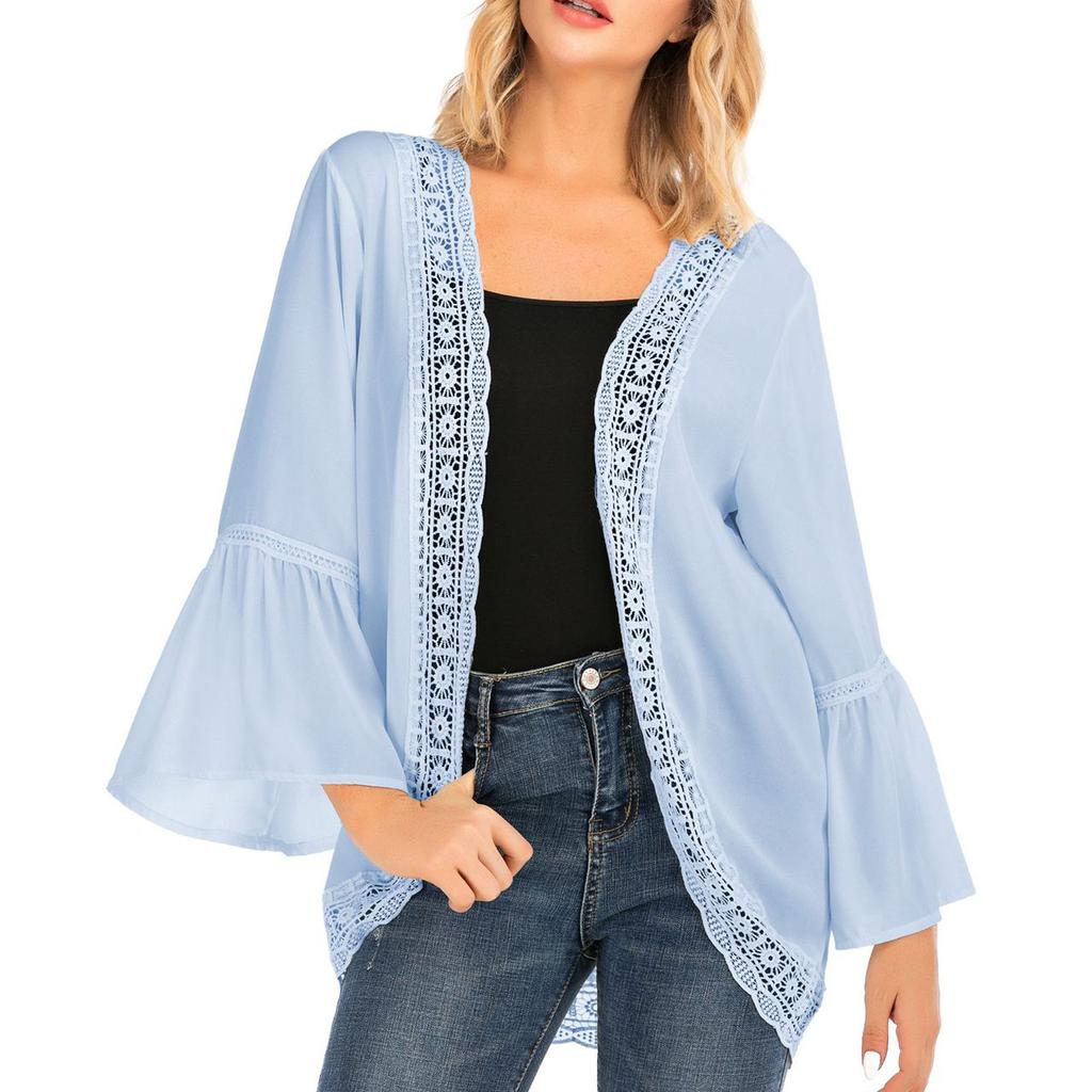 Damski casualowy koronkowy kardigan z szyfonu z długim rękawem, luźna bluzka kimono, topy