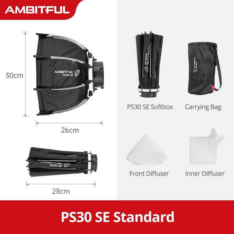 AMBITFUL PS30/PS50 SE 30cm 55cm Quickly Release Bowens Mount Octagon Softbox + Honeycomb Grid Outdoor mini SoftBox for LED Flash PS30 SE