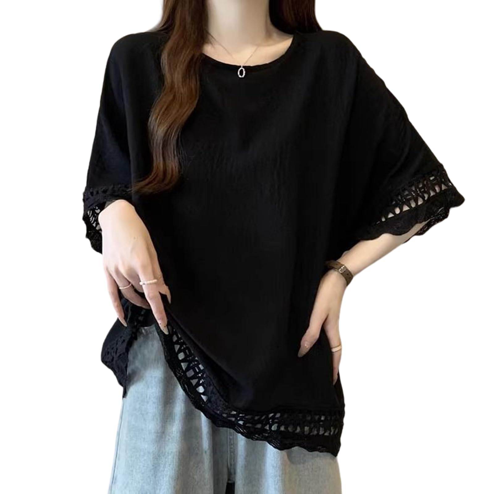 

[TeMibery Lyric] Женская футболка – Круглый вырез, Вязаное кружево с вышивкой, Повседневная, Рукава 3/4, Легкая, Милая, Стильная, Простая, Размер L чёрный