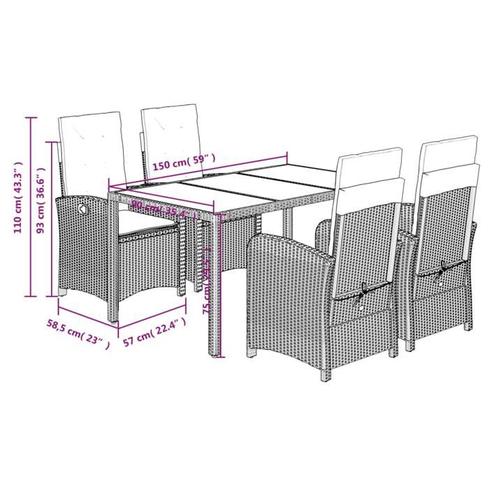 VidaXL Ensemble à Manger de Jardin avec Coussins 5 pcs, Table et Chaises avec Dossier Réglable, Meubles d'Extérieur Patio 3212215