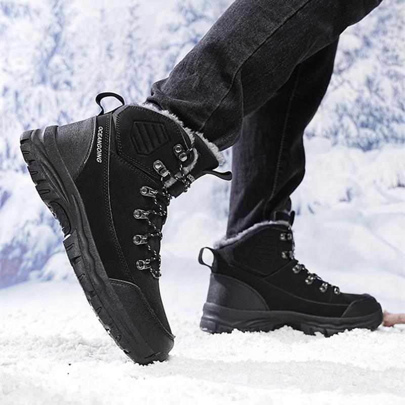 Fashion Winter Men Boots Plush Warm Snow Boots Leather Waterproof Sneakers Climbing Hunting Shoes Lace-up Outdoor Warm Hiking Boots Men