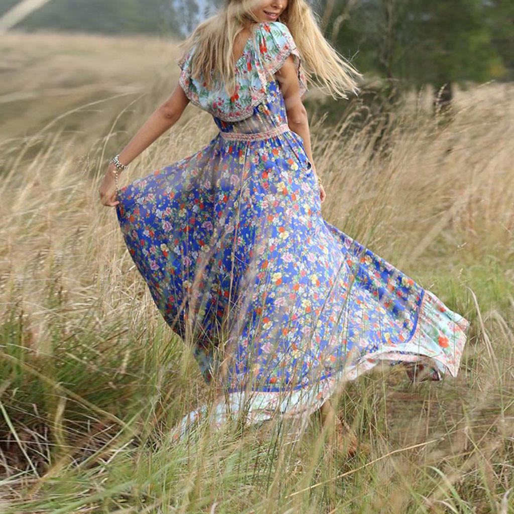 Women's Summer Bohemian Printed Waist V-Collar Chiffon Beach Long Dresses