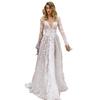 Women White Floral Lace Long Sleeve Deep V Neck Backless Sheer Tulle A Line Summer Wedding Gown Elegant Bridal Evening Prom Formal Party Maxi Dress