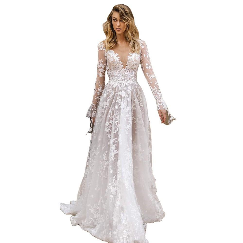Women White Floral Lace Long Sleeve Deep V Neck Backless Sheer Tulle A Line Summer Wedding Gown Elegant Bridal Evening Prom Formal Party Maxi Dress