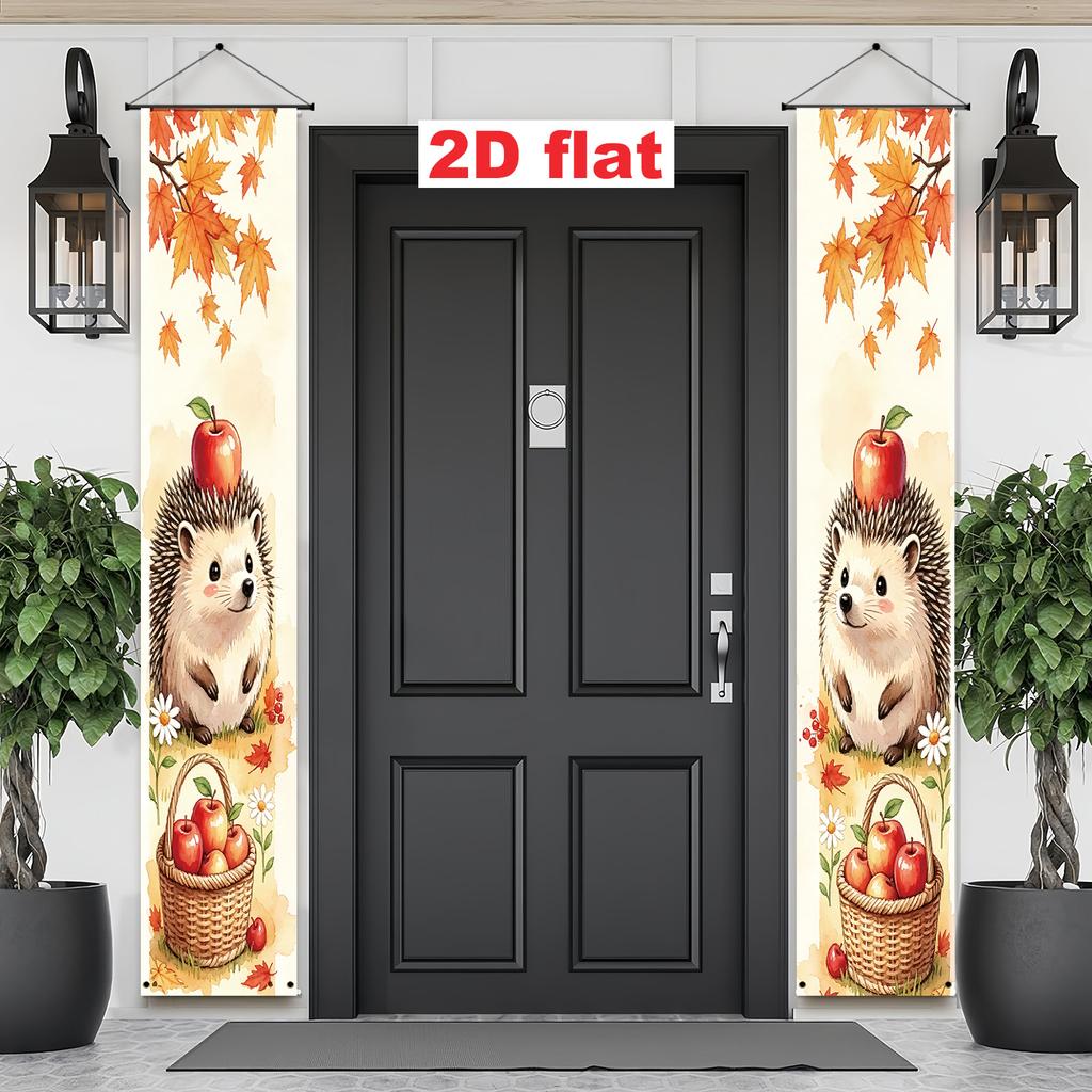 2D Flat, 2pcs Harvest Festival & Thanksgiving Door Banners Suitable for Porch Sign, Welcome Hanging Decor with Cartoon Hedgehog Autumn Forest Design,