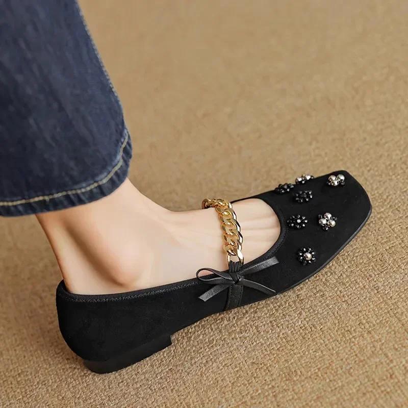 Fashion Shoes for Women 2024 Slip-on Butterfly-knot Women's Flats Autumn Sweet Mary Jane Flats Square Toe Chain Decoration Shoes Ladies