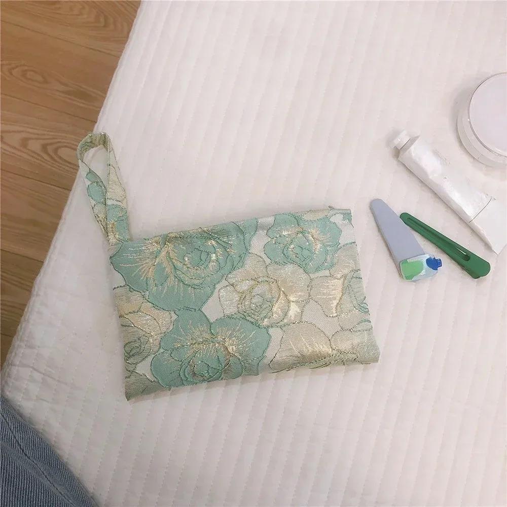 

Korean Small Cosmetic Bag Canvas Travel Coin Purse Portable Flower Printted Storage Bag Make Up Organizer зелений