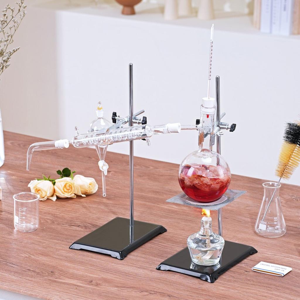 Essential Oil Distillation Kit, 500ml Distillation Apparatus, 3.3 Boro Lab Glassware Distillation Kit with Alcohol Lamp, Ceramic Mesh and 24, 40