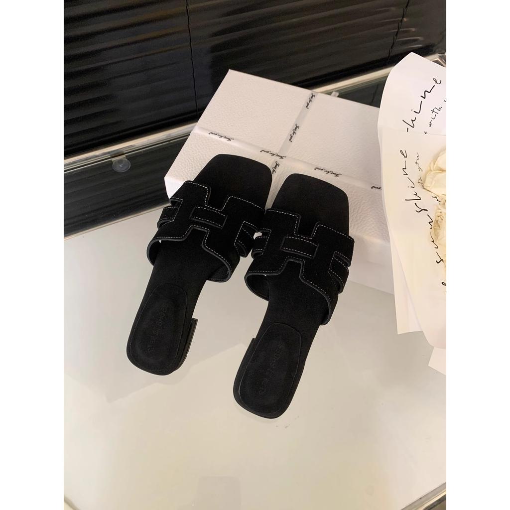 Mori Retro Polished One-word Cool Slippers with Skirt Sandals 2025 Summer New French Square Head Flat Bottom Sandals